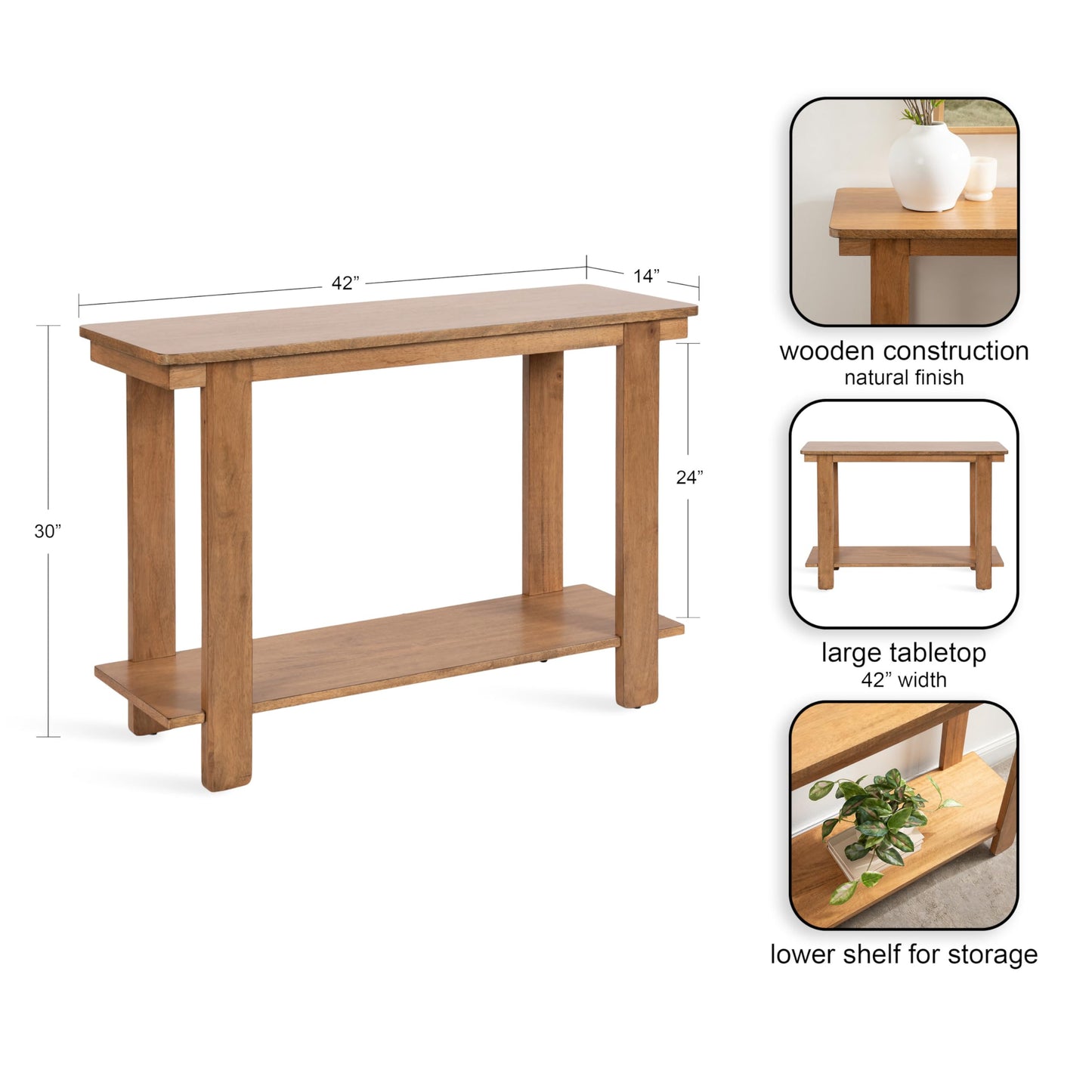 Kate and Laurel Foxford Tiered Rectangle Console Table, 42 x 14 x 30, Natural Brown, Transitional Two-Tier Wood Entryway Table with Storage for Use as Living Room Behind Couch Table