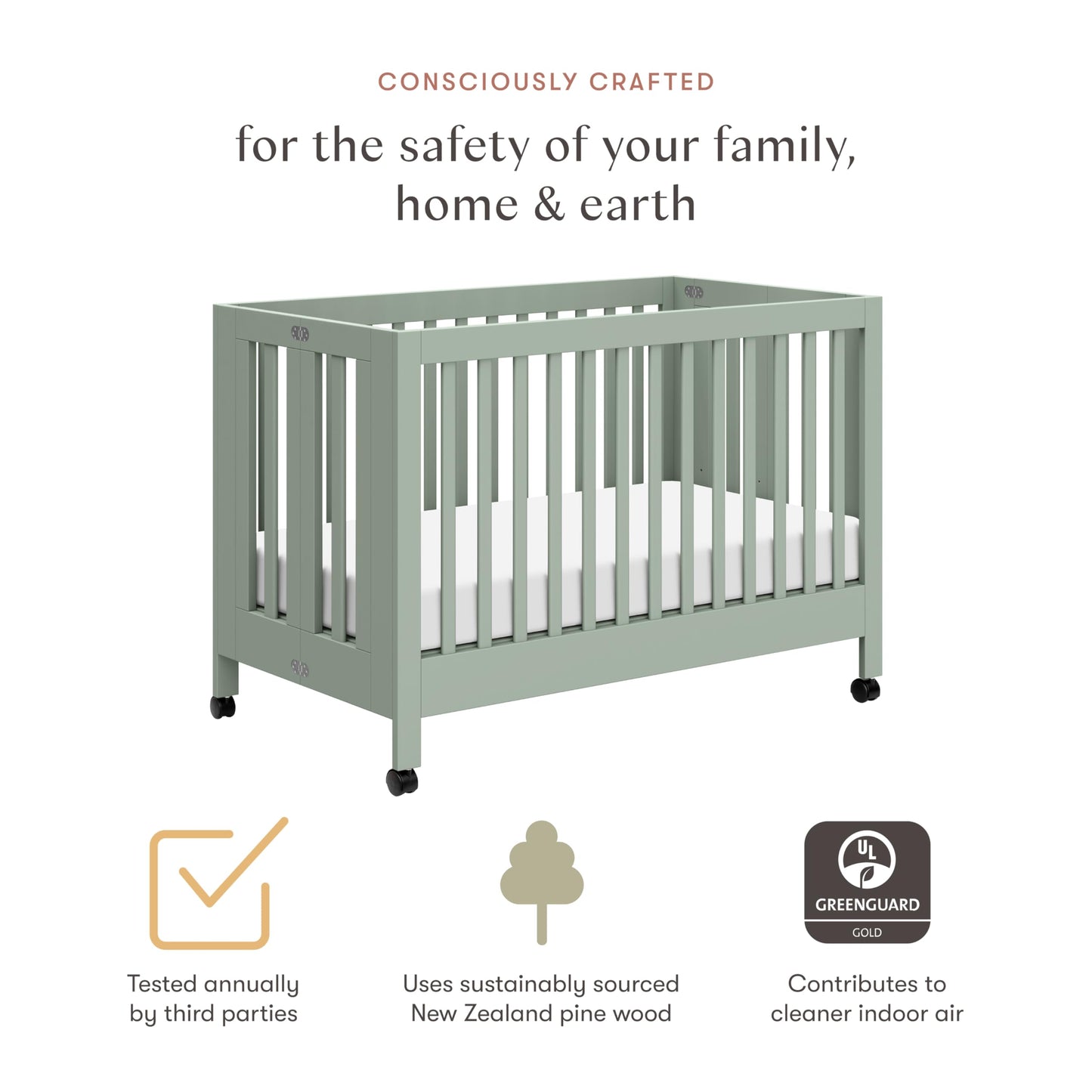 Babyletto Maki Full-Size 2-in-1 Portable Folding Crib with Toddler Bed Conversion Kit in Light Sage, Greenguard Gold Certified