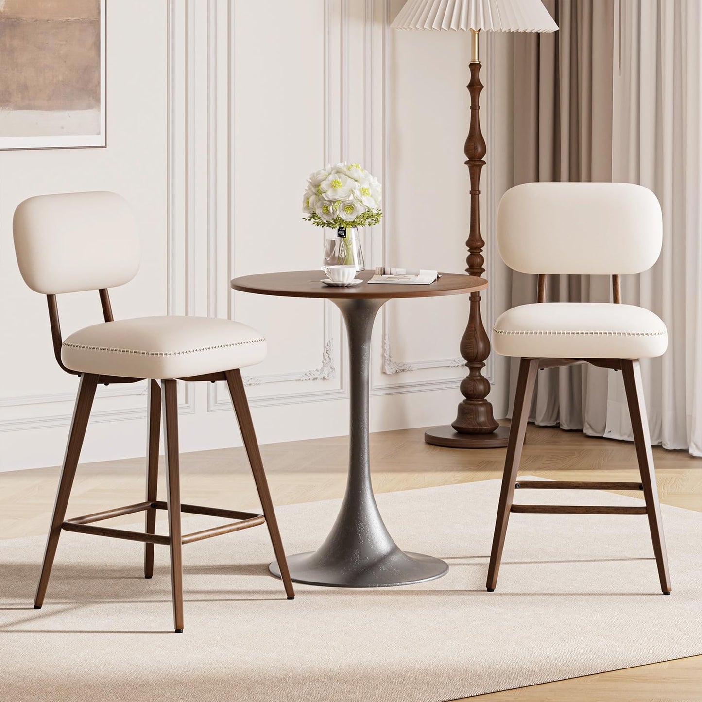 MALOL 26“ Swivel Bar Stools Set of 4, Mid Century PU Leather Counter Height Bar Chairs with Low Back and Metal Legs, Modern Bar Stool Chair for Kitchen Island, Beige