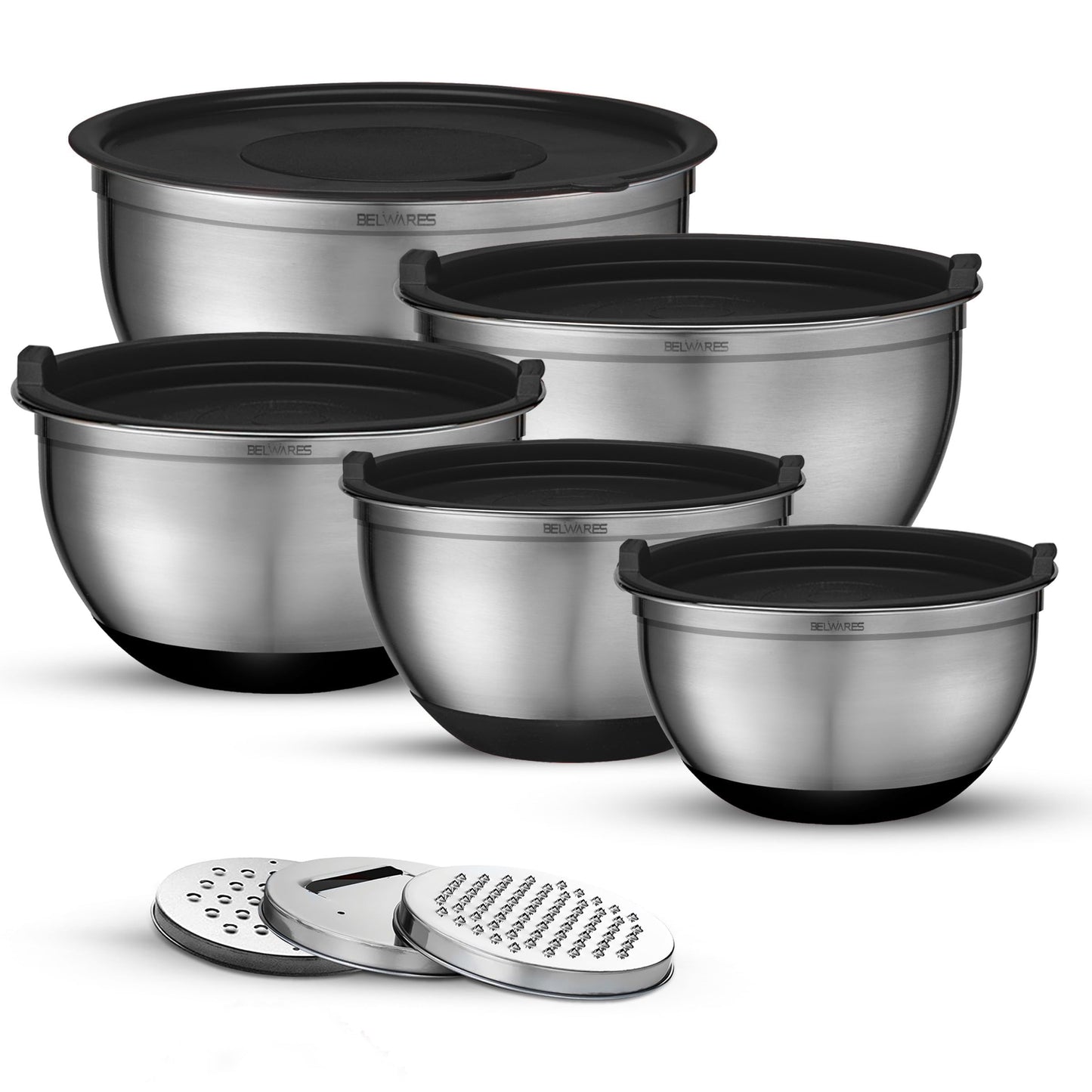 Belwares Mixing Bowls with Lids Set of 5 - Stainless Steel Mixing Bowl Set, Kitchen Nesting Metal Bowls with Non Slip Bottoms + 3 Grater Attachments, Airtight Lids, Food Prep + Storage, Matte Black