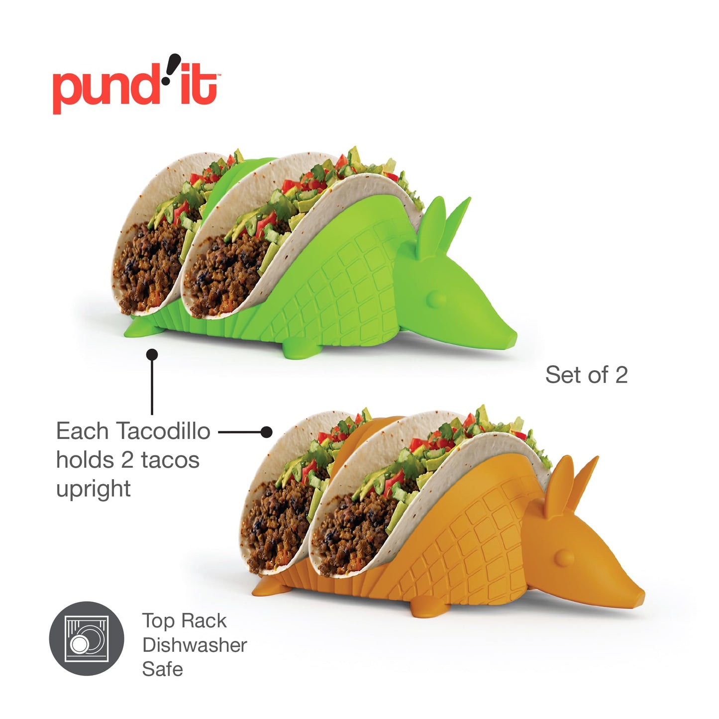 Pund'it Tacodillo Taco Holders, Set of 2 Armadillo Themed Taco Platters