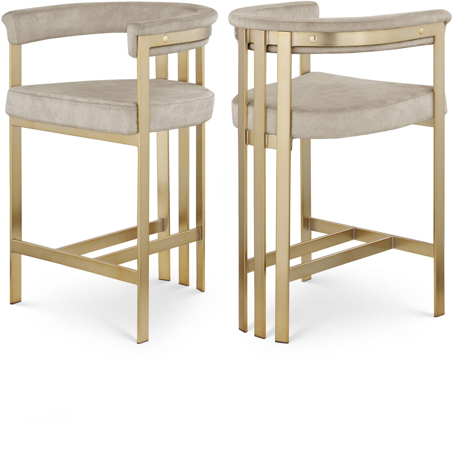 Meridian Furniture 596Stone-C Marcello Collection Modern | Contemporary Velvet Upholstered Counter Height Stool with Brushed Brass Iron Frame, 22.5" W x 20" D x 35.5" H, Stone, Set of 2