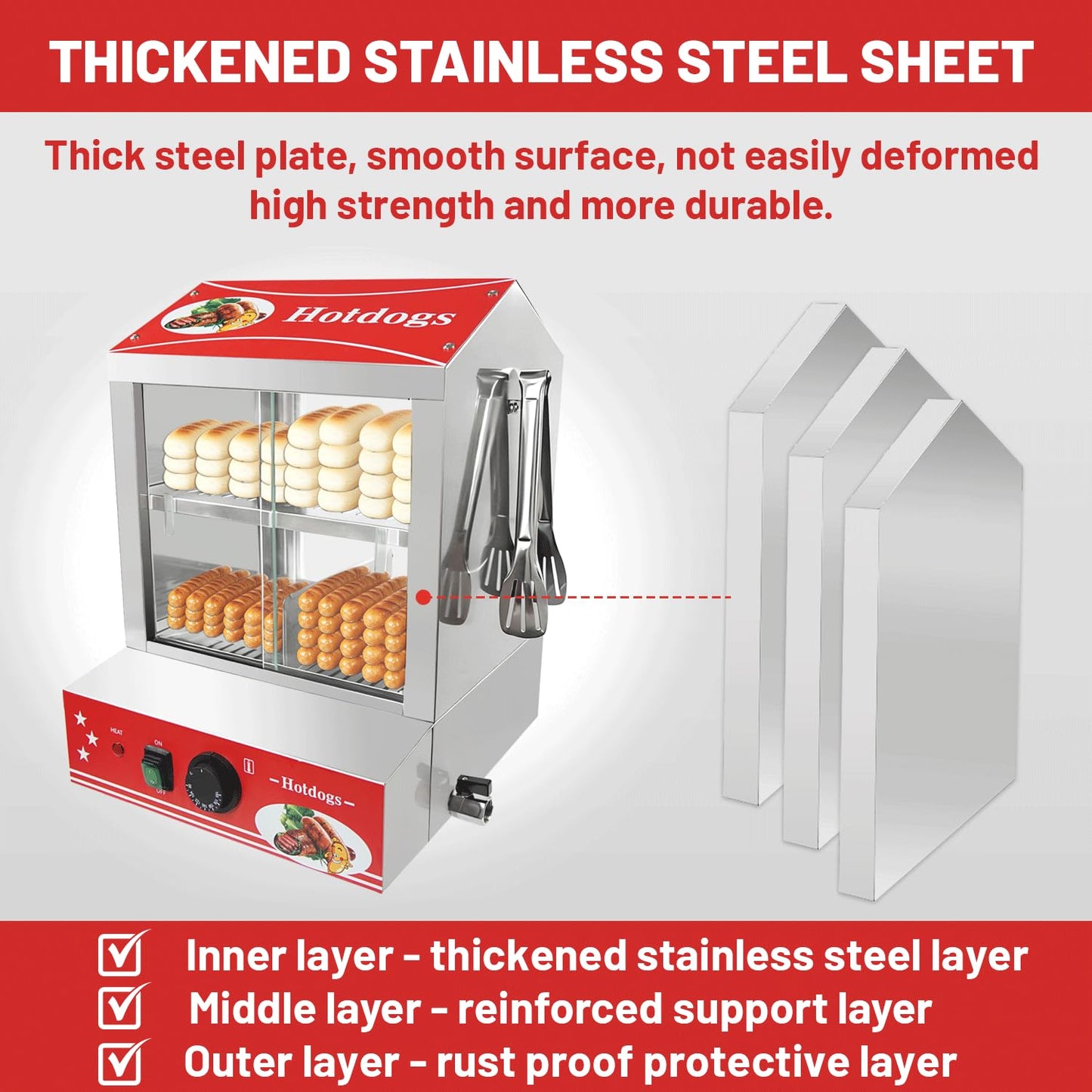 Sovtekr 29 QT Hot Dog Steamer with Bun Warmer - Electric Steaming Machine 2-Tier Capacity for 175 Hot Dogs & 40 Buns, Visible Glass Slide Doors for Commercial Home Use