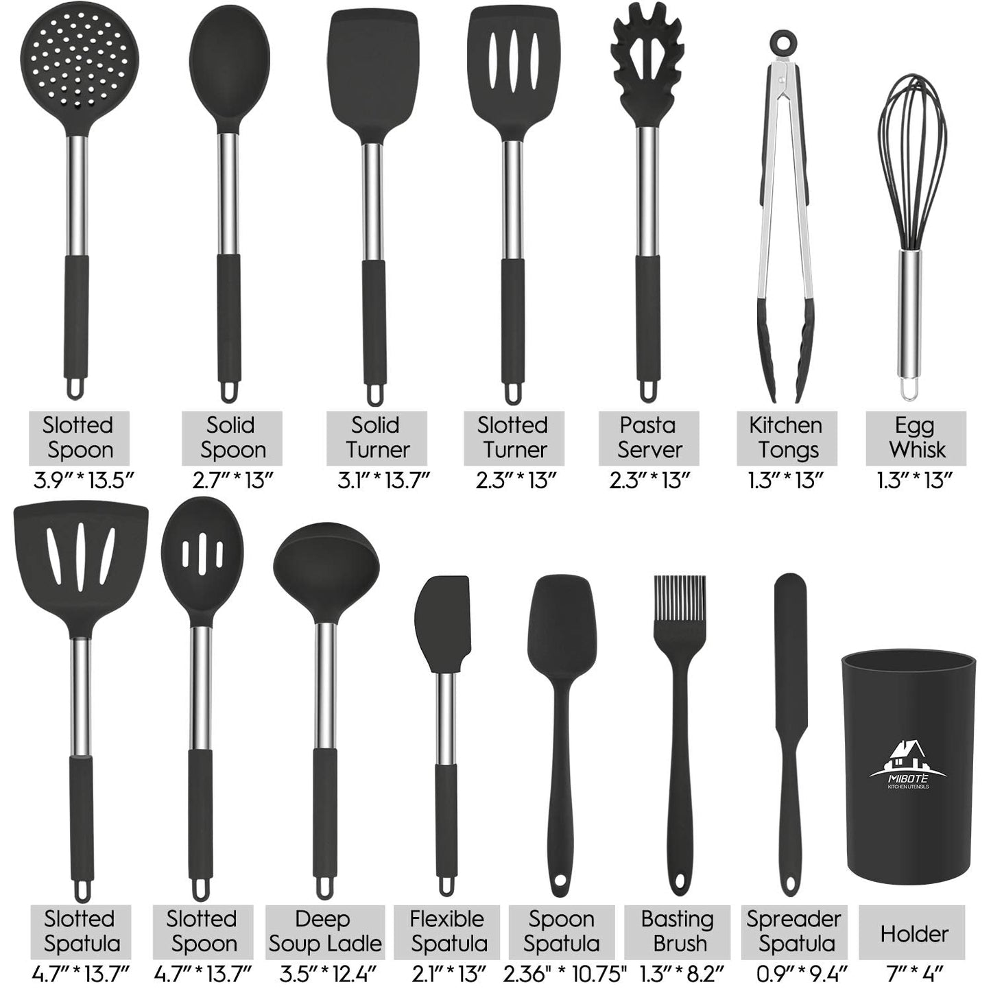 MIBOTE Silicone Kitchen Utensils Set, Cooking Utensils Set with Heat Resistant BPA-Free Silicone and Stainless Steel Handle Kitchen Tools Set (Black)