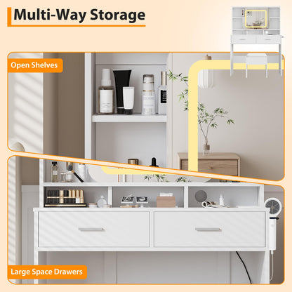 GOCAPTAIN Vanity Desk Makeup Vanity Table with Slides Mirror LED Lights 3 Intensities, Dressing Table Set with Stool, 5 Storage Shelves 2 Drawers, Plugboard and Hanger, 15.8" x 39.4" x 54.3"