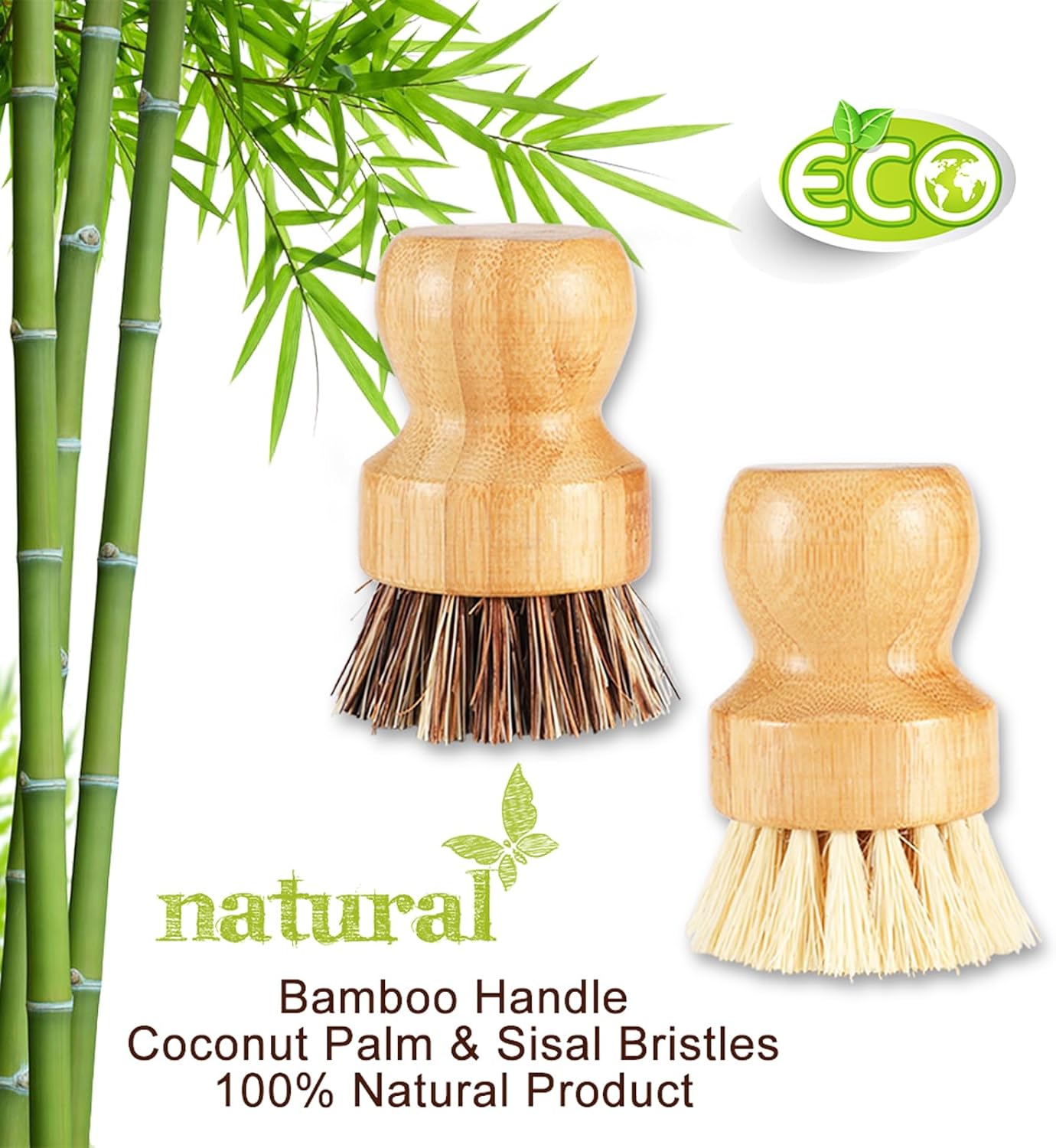 Bamboo Brush Dish Scrubber - Natural Bristles Palm Pot Brush, 2 Pack Round Mini Dish Brush for Kitchen Cleaning