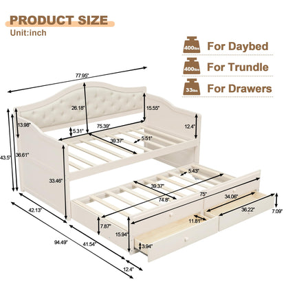 Ball & Cast Twin Size Daybed with Trundle,Wooden Bed w/ 2 Storage Drawers,Sofa Beds w/Upholstered Button Tufted Backrest,Slat Support,for Living Room, Bedroom, Guest Room,Beige