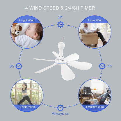 Silent USB Powered Ceiling Fan with Remote Control Timing 4 Speed, Quiet Small DC Plug in Ceiling Fan Hanging Fan for Camping Bed RV Tent Canopy Room