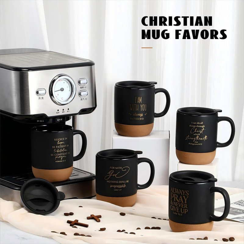 FillTouch 12 Pcs Christian Mothers Day Coffee Mugs 15 oz Religious Cup Cork Bottom Coffee Mug with Verse Inspirational Gifts for Women Men Father Teacher Church Bible Study(Black,Classics)