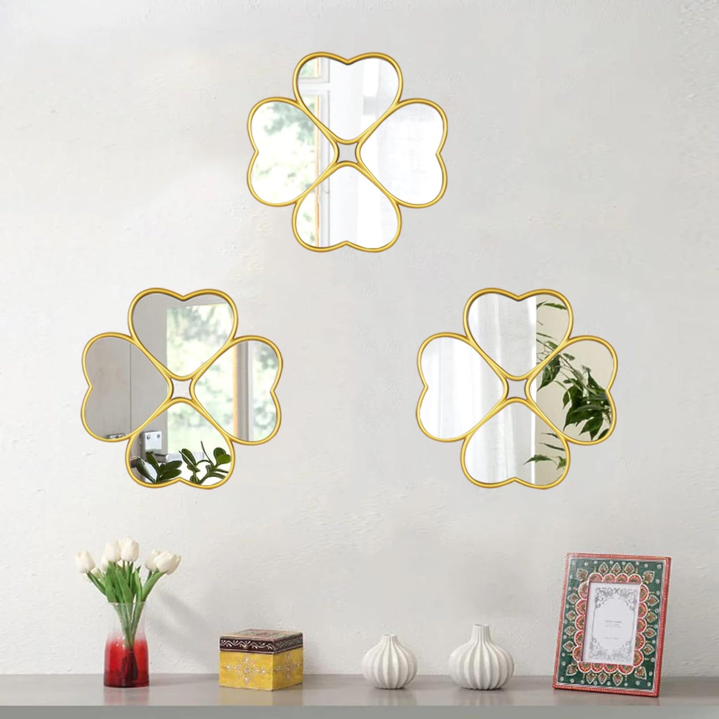 LuHeToz Small Decoritive Heart Wall Mirrors Set of 3, Decorative Four-Leaf Clover Mirror (Gold)