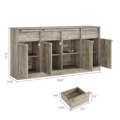 PioneerWorks Sideboard Buffet Cabinet with 4 Drawers, 62.4 Inch Large Coffee Bar Cabinet, Modern Storage Cabinet for Kitchen Dining Room, Gray Buffet Table with Storage, 4 Doors & 4 Drawers
