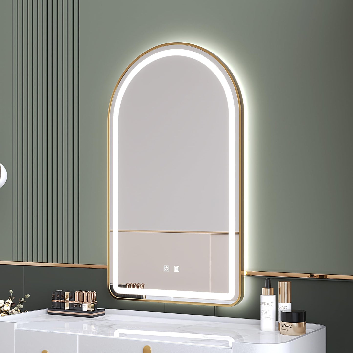 MYlovelylands 30x40 Inch LED Bathroom Arch Mirror, Gold Metal Frame, Adjustable Color Temp & Brightness,Anti-Fog,Shatter-Proof Rounded Arched Tempered Vanity Mirror for Wall