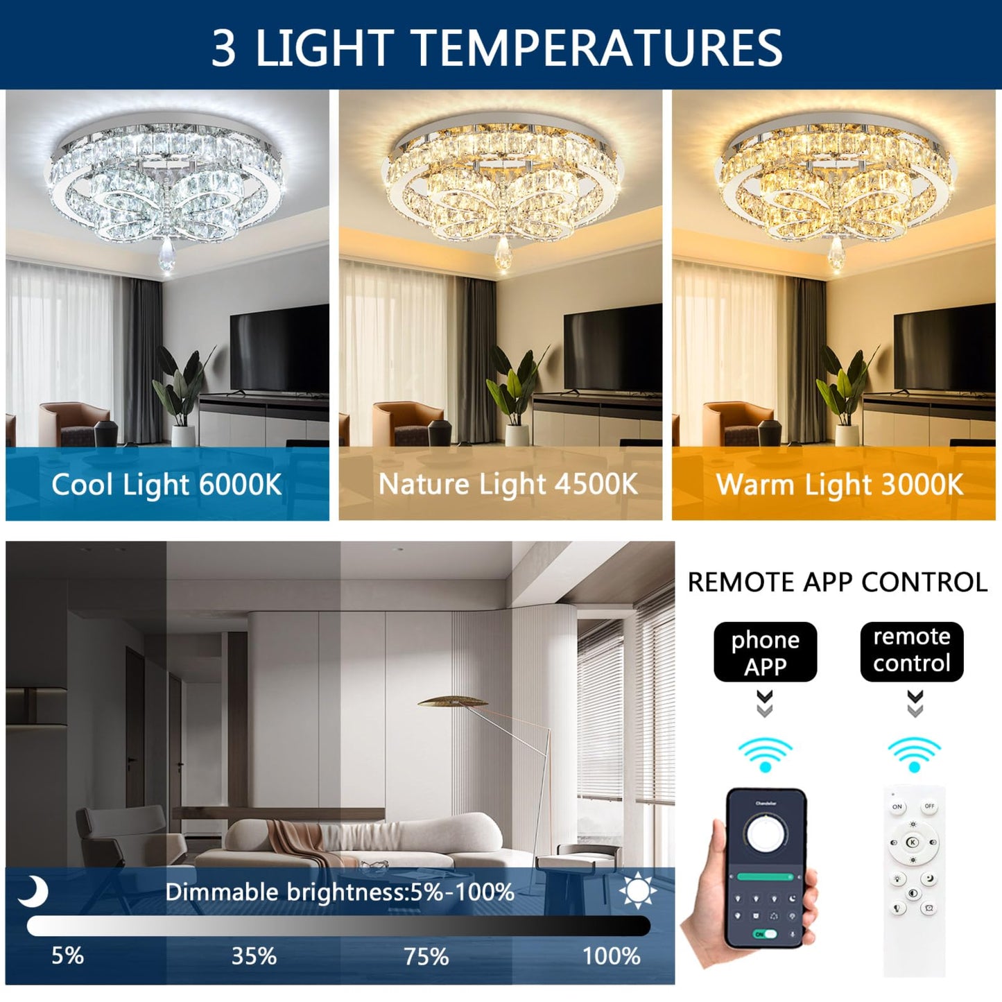 dolria Modern Crystal Chandelier LED 2-Tier Flush Mount Ceiling Lighting Dimmable Pendant Light for Living Room Bedroom Dining Room Entryway Hallway
