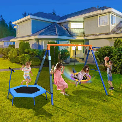 5-in-1 Kids Swing Sets for Backyard with Trampoline, 880lbs Heavy-Duty A-Frame Stand Metal Outdoor with 32 inch Saucer & Belt Swing, 55 inch Trampoline, Basketball Hoop, Led Light & Anchors