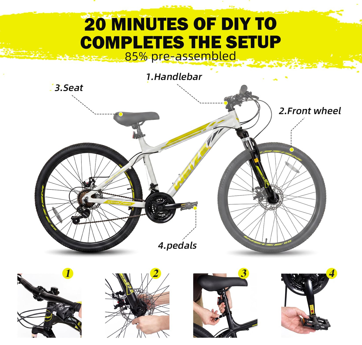 WEIZE Mountain Bike, 26/27.5-Inch Adult Bike, 21-Speed Rear Disc Brake, Lightweight Aluminum Frame for Men and Women, Comfort Saddle for Outdoor Trail Riding,White