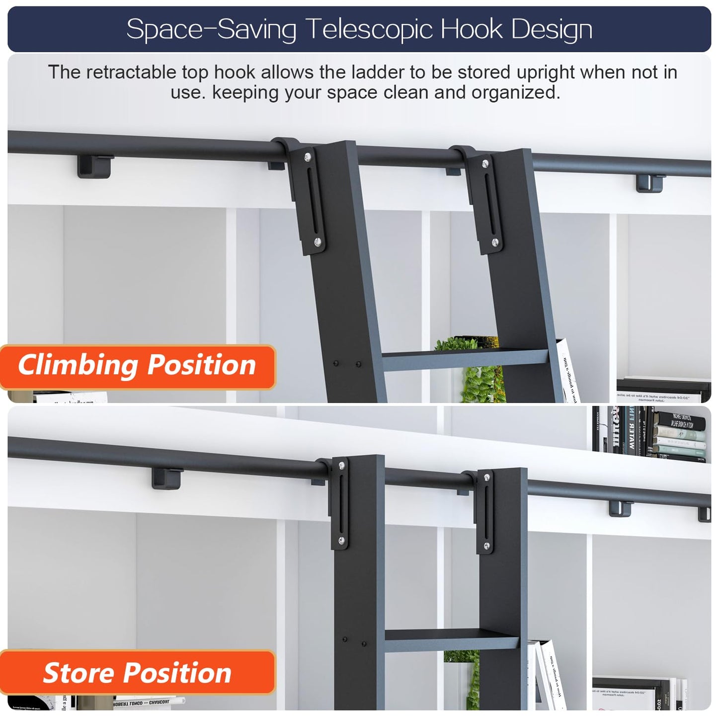 HARDJULAN 87" Black Sliding Library Ladder with 3.3FT Hook Track – Lightweight Aluminum Rolling Ladder with Braking Wheels, Space-Saving Rail Mounted Ladder System for Home Library, Closet & Storage