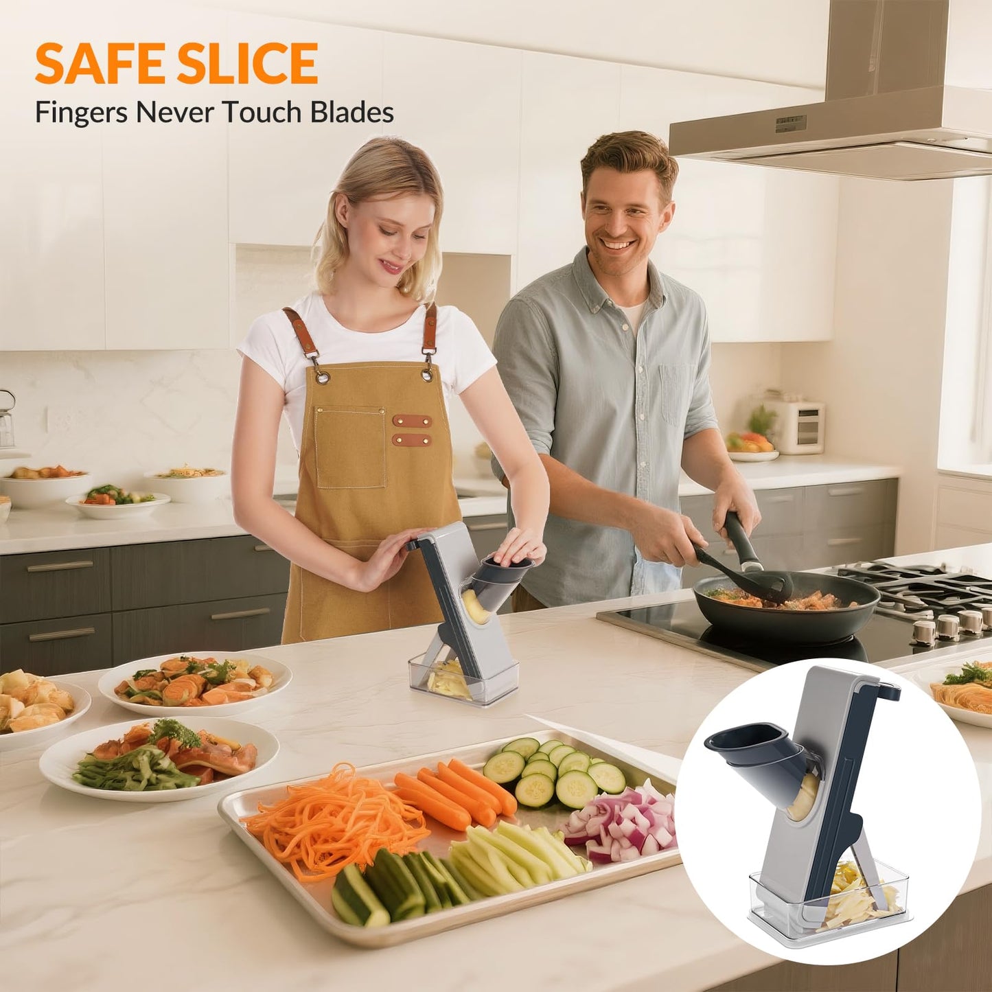 FEICO Safe Mandoline Slicer for Kitchen, Adjustable 0.5–8 mm, Stainless-Steel Blades, Anti-Slip, Dishwasher-Safe Handheld Mandoline Slicer, Compact Mandoline Food Slicer