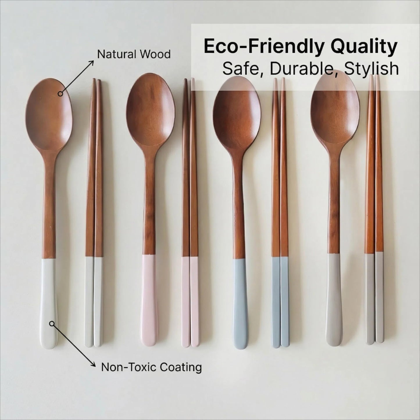 Handmade Wooden Cutlery Set by Diulazin - 4PCS Reusable Spoon and Chopsticks, High-Grade for Daily Use, Parties, Banquets, Buffets, Catering - Eco-Friendly, 9 Inch, Style A