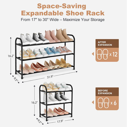 Closet, 18"-32" 3-Tier 12 Expandable Shoe Rack for Metal Shoe Rack for Entryway Adjustable Width Free Standing Shoe