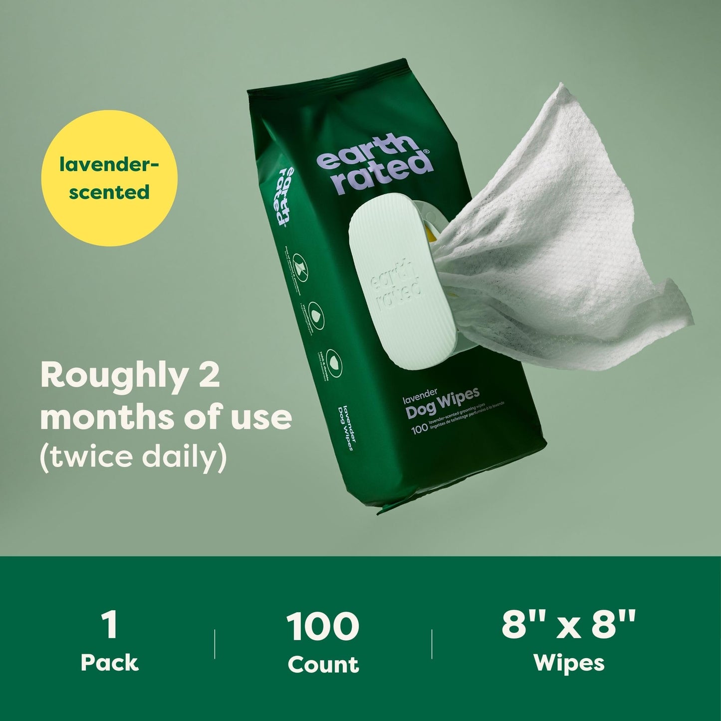 Earth Rated Dog Wipes, Hypoallergenic, Cleaning and Hydrating, for Grooming Paws, Body and Butt, Lavender Scented, 100 Count