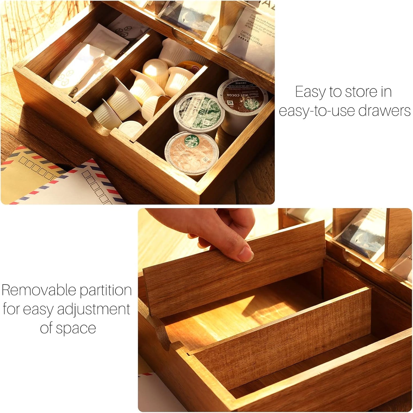 2 9 HTB Large Tea Organizer Tier with Drawer, Tea Bag Organizer with Acrylic Transparent Hinged Lid, Compartments