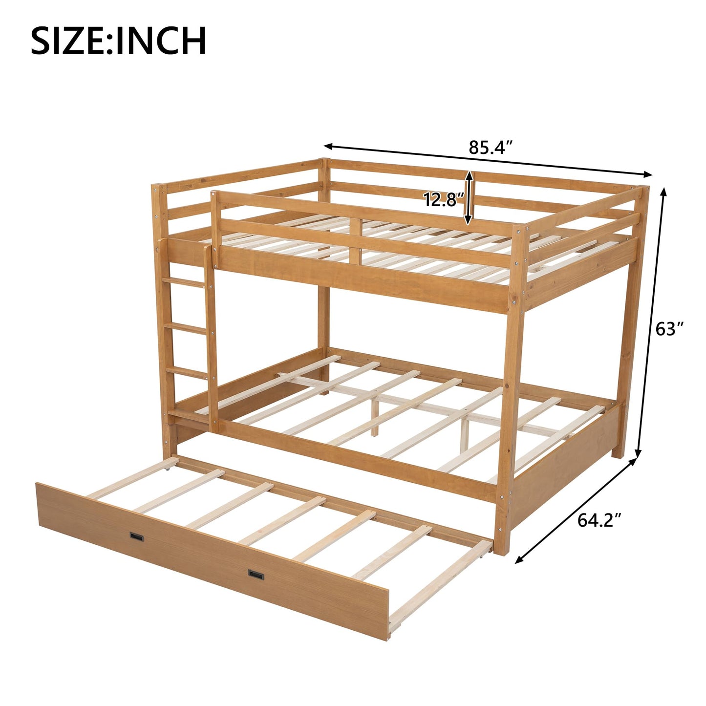 Merax Modern Queen Over Queen Size Wood Bunk Bed with Ladder and Twin XL Trundle, No Box Spring Required, Space-Saving, Wood Color