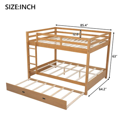 Bellemave Queen Over Queen Size Bunk Bed with Trundle for Kids/Adults,Solid Wood Bunk Bed Frame Queen Size with Ladder & Safety Guardrails,Wood Color