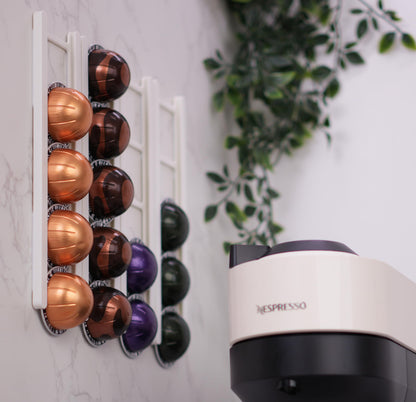 KUSOVILI Adhesive Coffee Pod Holder for Nespresso VertuoLine, Holds 20 Capsules - Wall or Cabinet Mounted Coffee Capsule Rack with Strong 3M Adhesive Strips, Vertical or Horizontal Mount