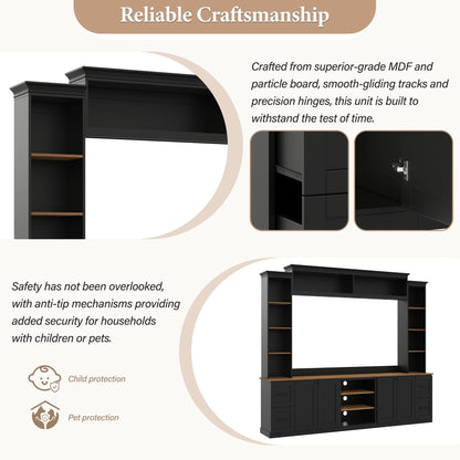 Merax 4-in-1 Wall Unit Entertainment Center with Bookshelf for TVs Up to 70", Farmhouse Large TV Stand with Walnut Adjustable Shelves, Elegant Retro Media Console with Drawers for Living Room, Black