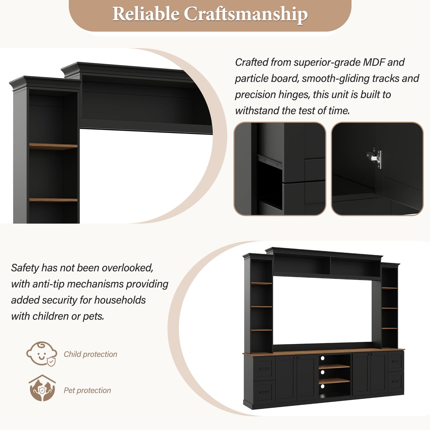 Ball & Cast 94.8" Entertainment Center Wall Unit with Bookshelf for TVs Up to 70",Farmhouse Large TV Stand with Walnut Adjustable Shelves,Retro Media Console with 4 Drawers for Living Room,Black