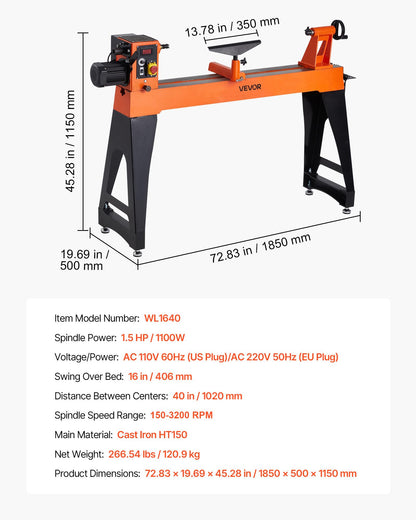 VEVOR 1.5 HP Wood Lathe, 16 x 40 in Wood Lathe Machine with 150 to 3200 RPM Variable Speed Brushless DC Motor Cast Iron Body Tool Rest for Medium to Large Projects Woodworking