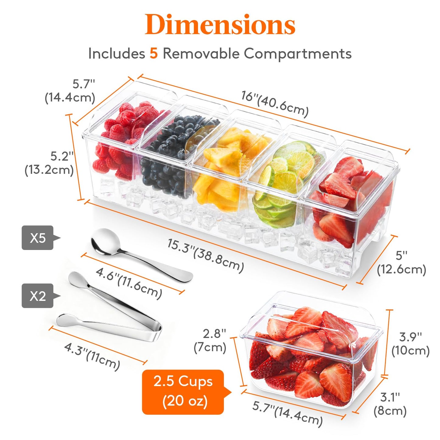 Lifewit Ice Chilled Condiment Caddy with 5x 20 oz Containers, Condiment Server with Lid & Metal Accessories, Serving Tray Platter with Removable Dishes for Bar, Fruit, Salad, Taco, Party Garnish
