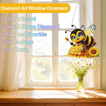 CEOVR Bee Hanging Diamond Art for Adults, Bee Honey Diamond Painting Pendant DIY Gem Art Wall Hanging Ornament, Acrylic Home Garden Decor with Chain, Box Kit 7.77×7.3inch