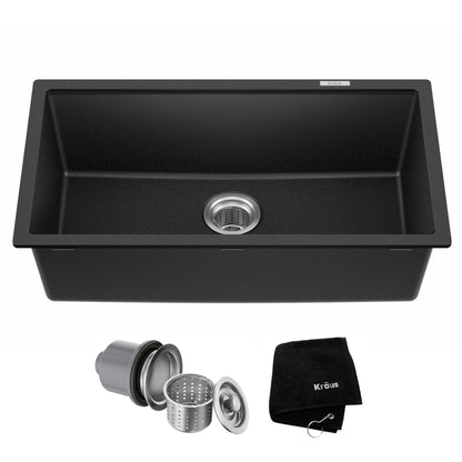 KRAUS Quarza 31-inch Undermount Single Bowl Granite Kitchen Sink in Black Onyx, KGU-413B