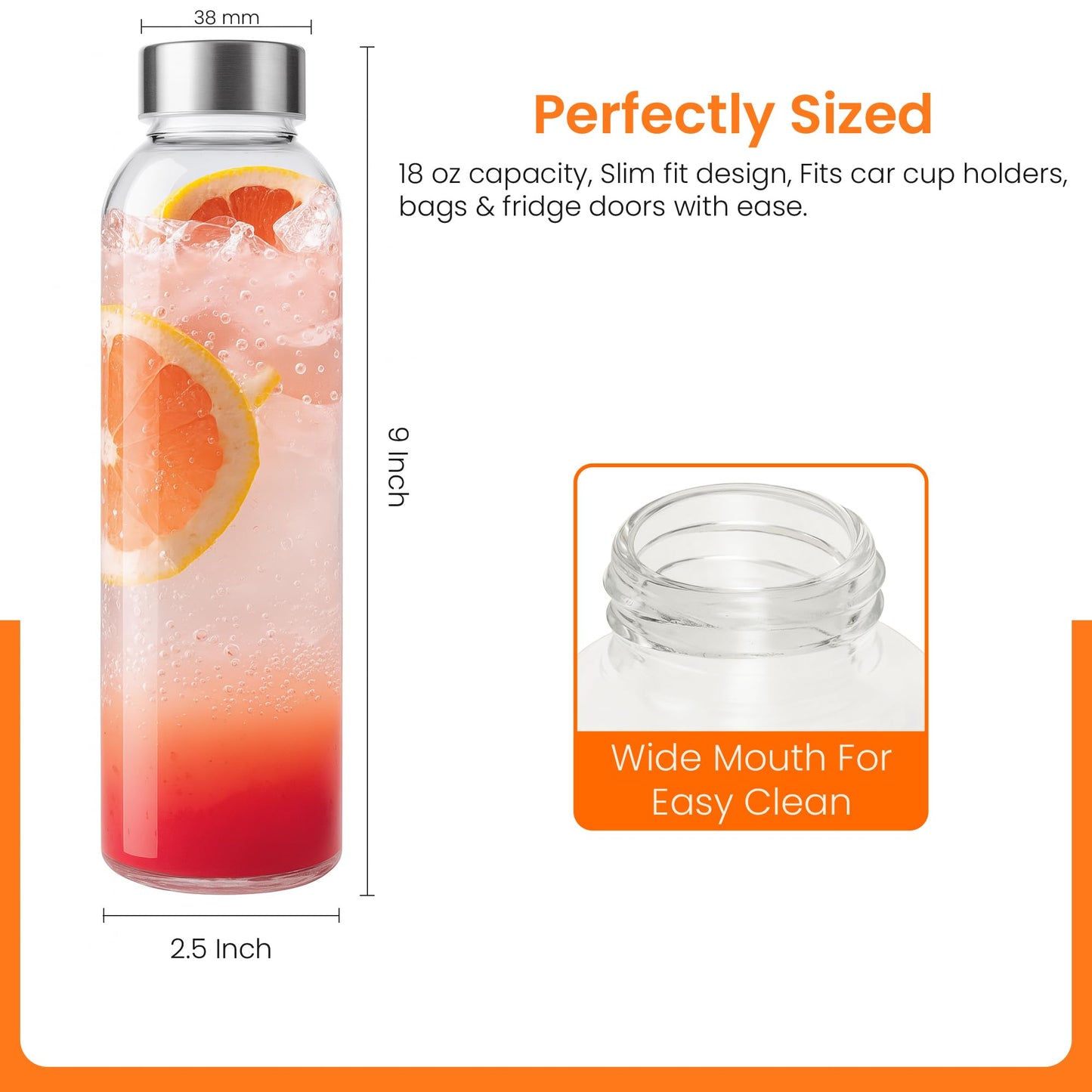 Epica Clear Glass Bottles with Lids, 18oz Resuable Glass Water Bottles for Juicing with Stainless Steel Cap to store Milk, Smoothie, etc., 100% Leak Proof, Durable and Dishwasher Safe (Set of 6)
