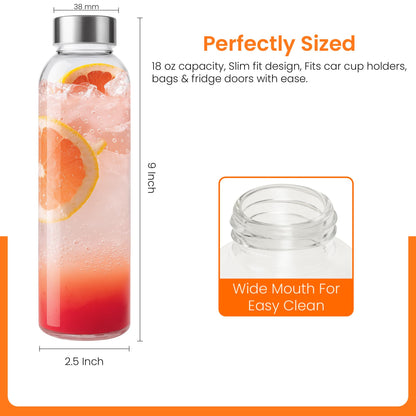 Epica Clear Glass Bottles with Lids, 18oz Resuable Glass Water Bottles for Juicing with Stainless Steel Cap to store Milk, Smoothie, etc., 100% Leak Proof, Durable and Dishwasher Safe (Set of 6)
