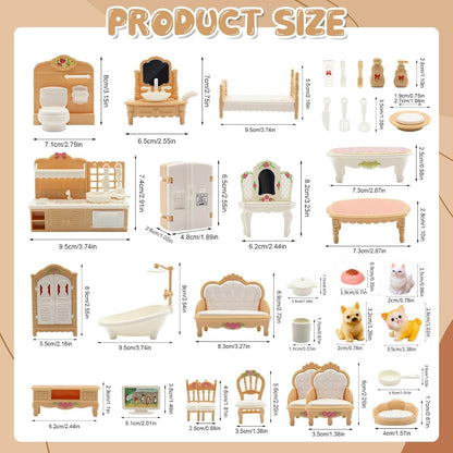 36Pcs Dollhouse Furniture Set,Miniature 1:12 Scale Dolls House Accessories with Cat,Dog,Kitchen, Dining Room, Living Room,Bedroom for Playhouse Toy(Beige)