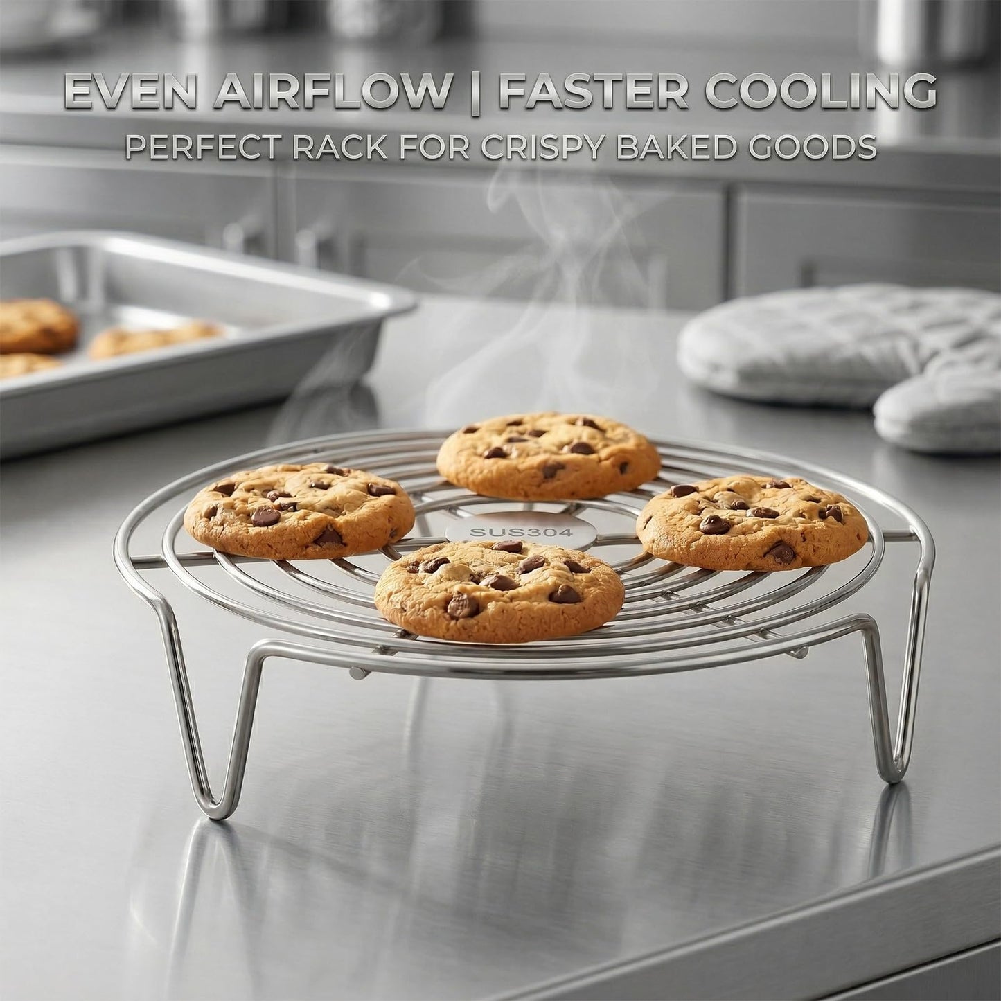 Round Steamer Rack 2 Pcs, 2.5mm Thick 304 Stainless Steel Cooking Trivet, 1.57 Inch High Legs Wire Stand for Air Fryer and Stockpot, Cooling Baking Roasting Insert (6.3 & 7.1 Inch)
