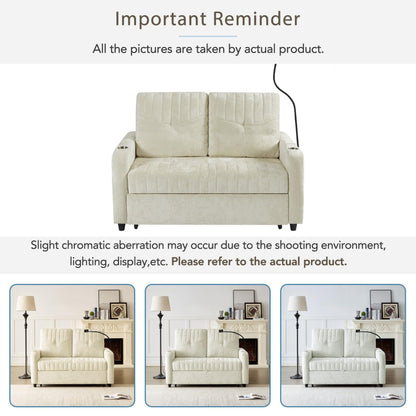 Merax Chenille 3-in-1 Pull Out Sleeper Sofa Bed Couch, 54" Convertible Futon Loveseat with Adjustable Backrest, 2 Cup Holders, Phone Stand, 3 Charging Ports and Storage Pockets for Living Room, Beige
