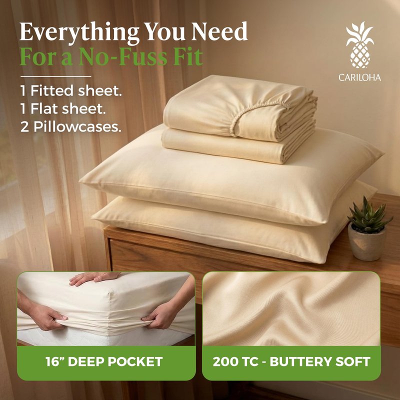 Cariloha Aloha Soft 100% Organic Bamboo Viscose Sheets – 4-Piece Queen Sheet Set – 16 in Deep Pockets – Buttery Soft, Hypoallergenic, Cooling Sheets – Oeko-TEX Standard 100 – Natural