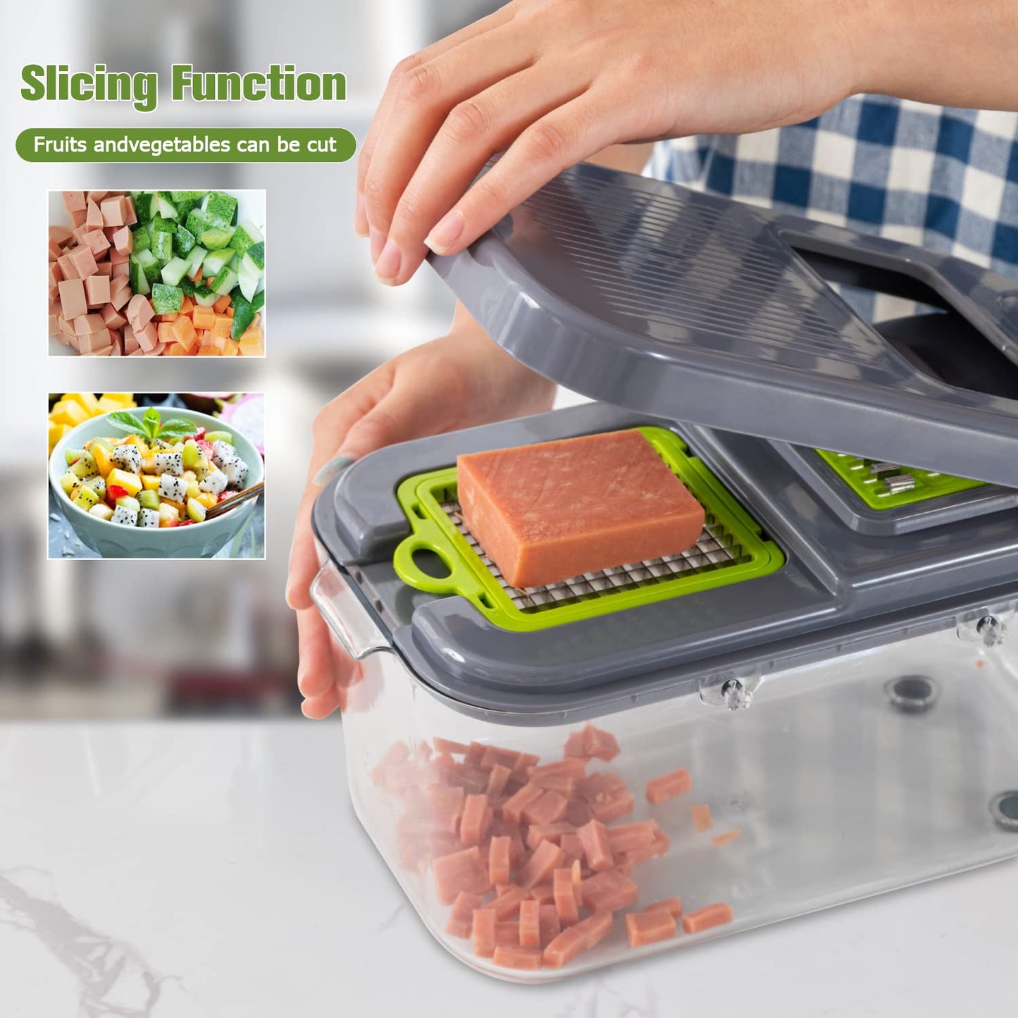 New 2022 Vegetable Dicer Onion Chopper, 22 in 1 Food, Fruits Cutter with 14 Stainless Steel Blades, Adjustable Slicer with Drain Rack Storage Container, Kitchen Gadget