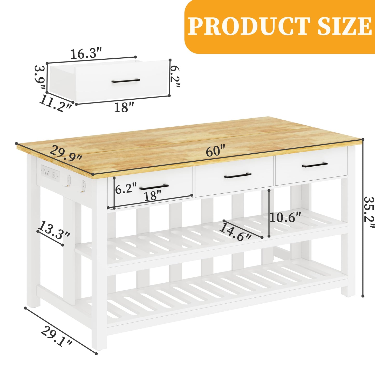DynJest 60" Solid Rubberwood Kitchen Island with Power Outlets - Extra Large Work Surface, 3 Drawers & 2 Open Shelves Storage Cabinet for Kitchen Dining Room, Farmhouse Style (White)