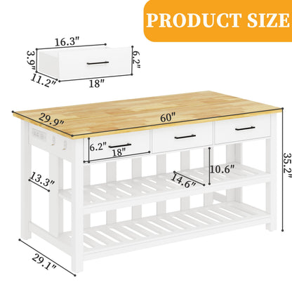 DynJest 60" Solid Rubberwood Kitchen Island with Power Outlets - Extra Large Work Surface, 3 Drawers & 2 Open Shelves Storage Cabinet for Kitchen Dining Room, Farmhouse Style (White)