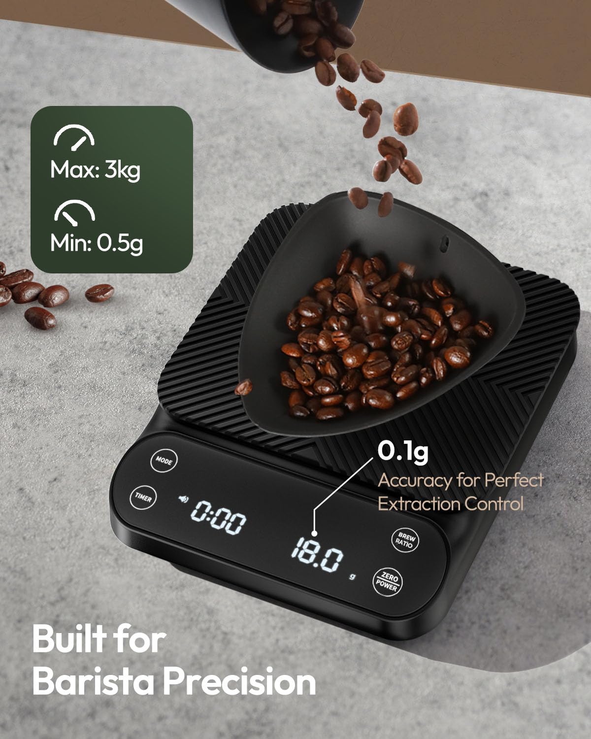 Maestri House S3 Coffee Scale with Timer, 3kg/0.1g Rechargeable Digital Scale, 3 Brew Modes, Adjustable Ratios & Flow Rate Display, Barista-Grade for Pour-Over, Espresso, French Press – Black