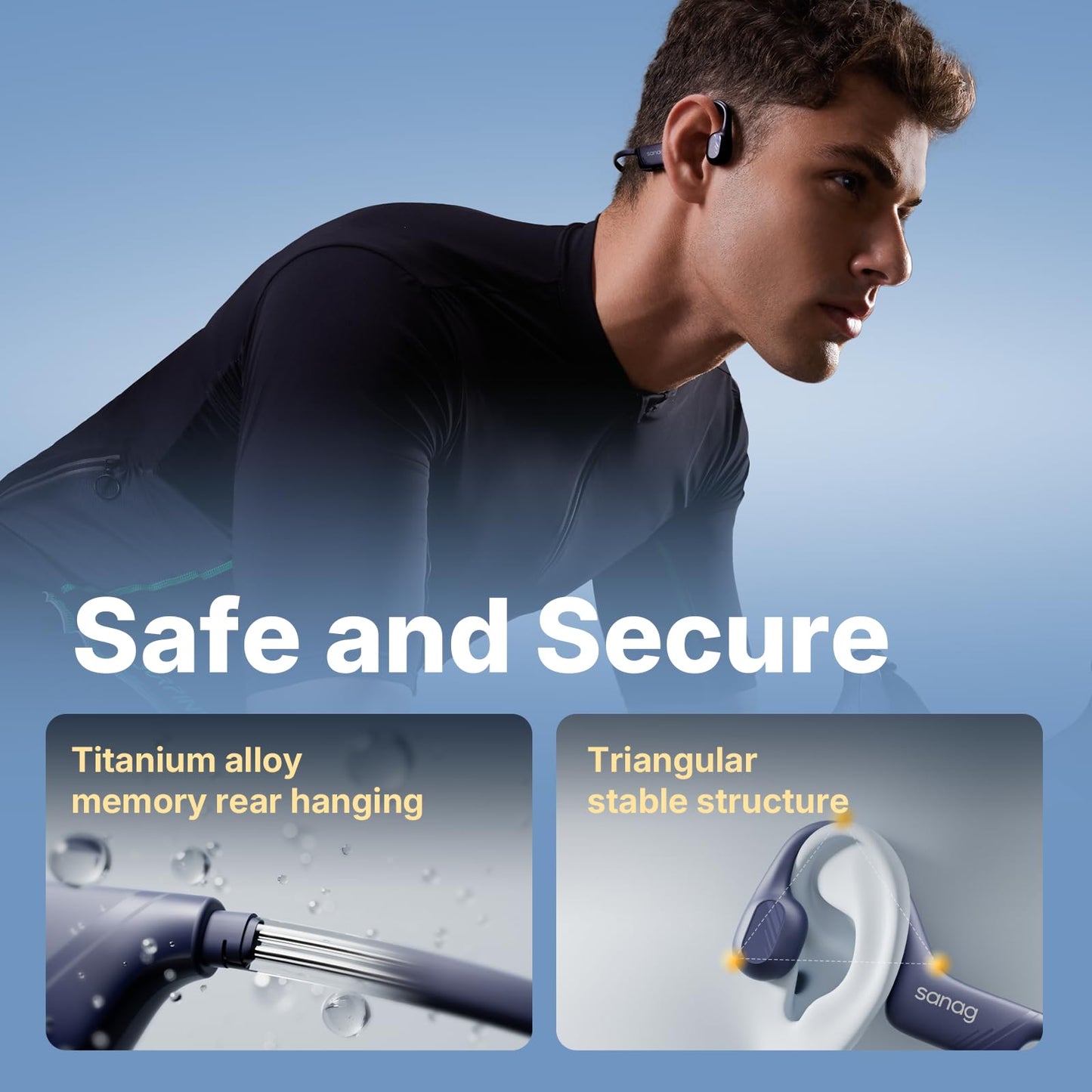Sanag B21S True Bone Conduction Headphones, IPX5 Waterproof Bluetooth 5.4 Earphones, Wireless Open Ear Headset with Mic, 5.4 HiFi Bass, 10H Playtime for Running, Cycling, Sports, Workout (Blue)