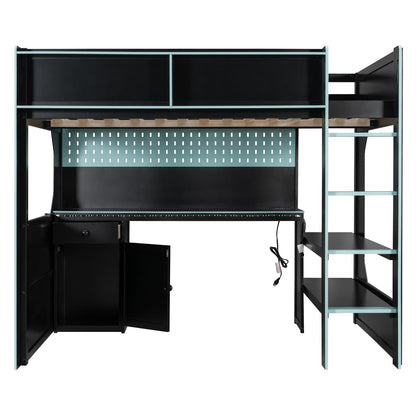 Merax Full Size Gaming Loft Bed with Integrated Desk and Lights, Modern Wooden Bed Frame with Desk and Built-in Charging Station, Black+Blue