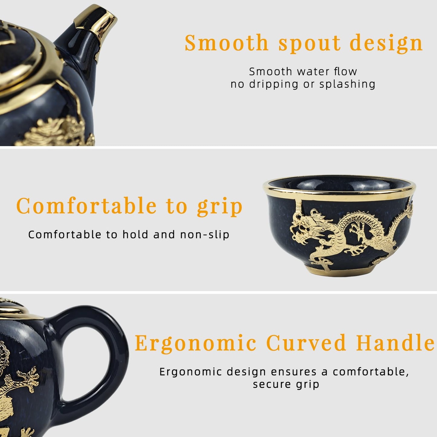 CKHNX Jun Porcelain Gold-Inlaid Tea Set, Zen Style, Includes Teapot and 6 Cups, Premium Gift Box, for Business, Festivals and Birthdays