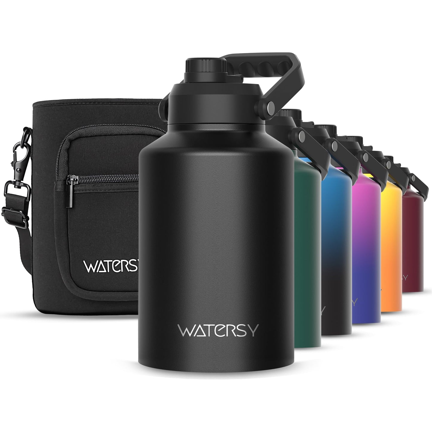 WATERSY 1 Gallon Water Bottle Insulated(Cold for 48 Hrs),BPA Free&Leak Proof,128oz Stainless Steel Water Jug with Handle for Gym,Hiking,Camping&Travel,Black Large Thermo