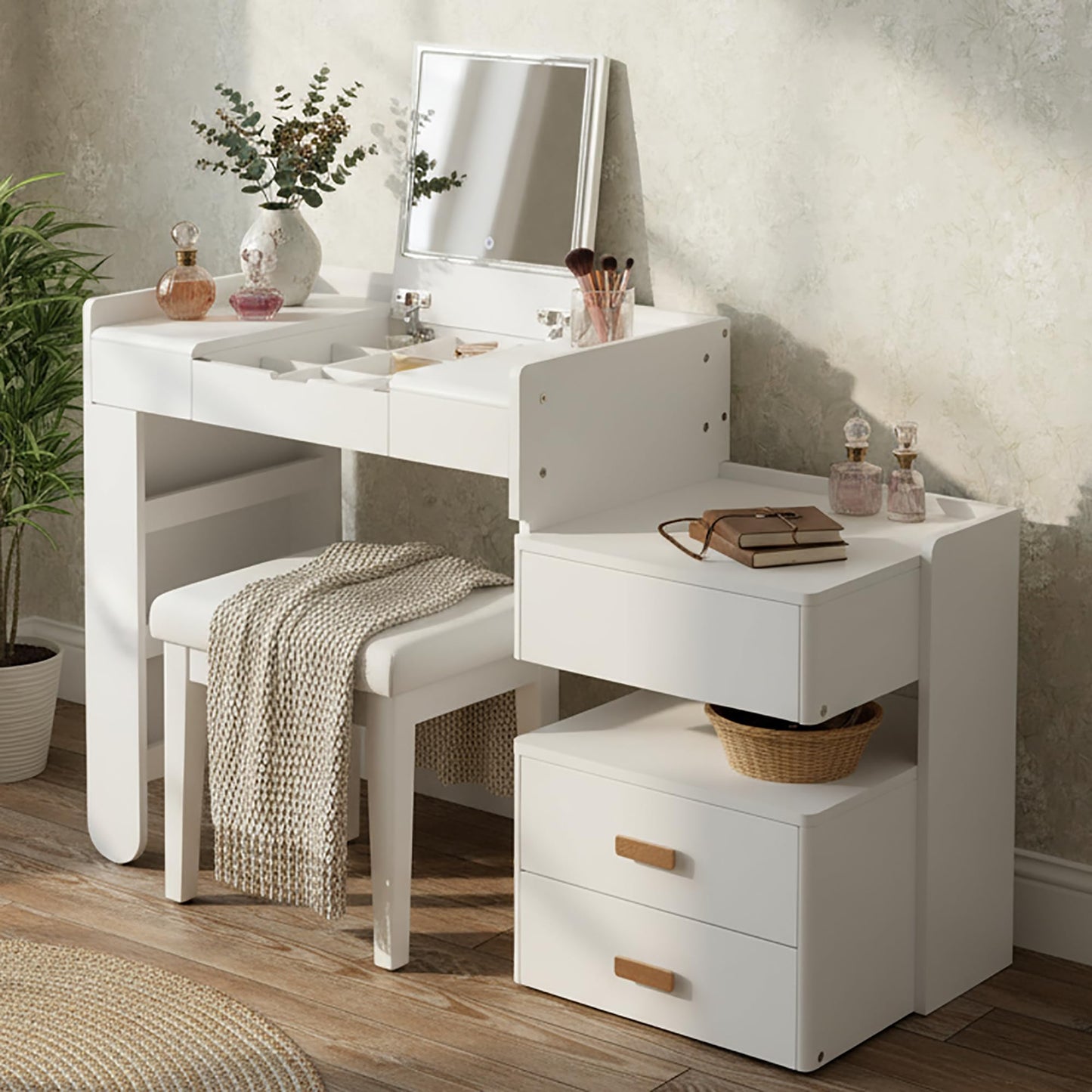Merax Makeup Vanity Desk with Flip-Top Mirror and Lights, Modern Vanity Set with Cushioned Stool, 3-in-1 Dressing Table with Retractable Side Cabinet and Ample Drawers for Bedroom, White