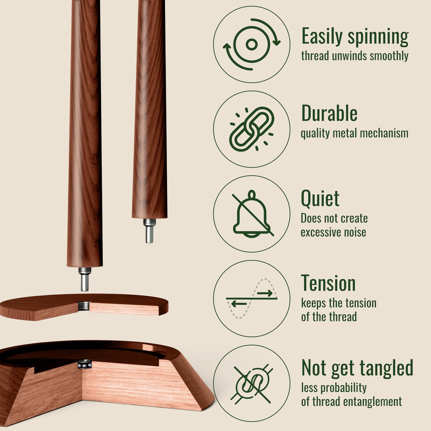 BARVA Yarn Holder Set 22 Lb Capacity for Chunky Yarn w/Extra Spindle | Smooth Bearing Spinner & Big Rubber Anti Slip Pads for Stability | European Wood Crochet Accessories & Fiber Crafts Pro Tools